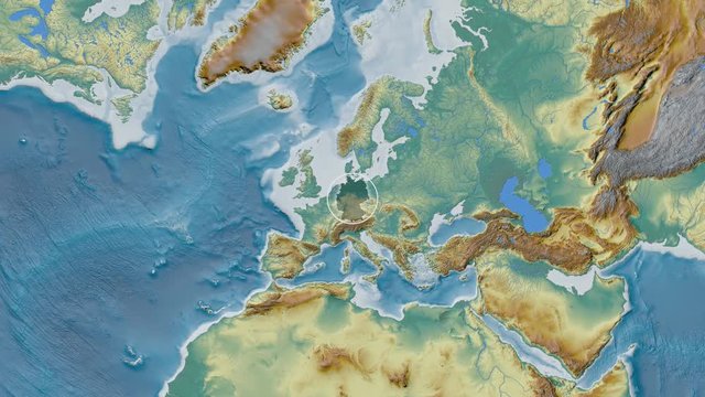 Germany area presented against the global relief map in the Patterson Cylindrical projection with animated oblique transformation
