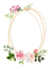 Watercolor golden geometric frame decorated with florals and roses peony
