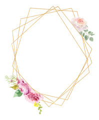Watercolor golden geometric frame decorated with florals and roses peony