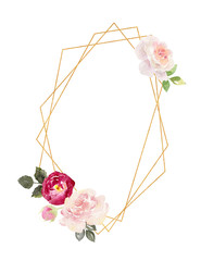 Watercolor golden geometric frame decorated with florals and roses peony