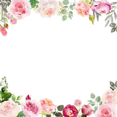 Handpainted watercolor frame template mockup with blooming flowers roses and leaves. - 252220148