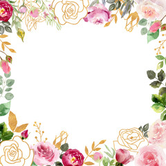 Watercolor frame with roses and golden elements
