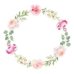 Arrangement wreath of hand painted watercolor leaves and flowers. Isolated on white background. Perfect illustration for wedding invitations, greeting cards, etc