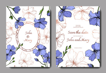 Vector Blue Flax floral botanical flower. Engraved ink art. Wedding background card floral decorative border.
