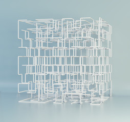 Maze boxes background. Modern technology with square mesh. Geometric abstraction lines. Cube cell. 3d rendering.