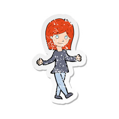 retro distressed sticker of a cartoon woman with no worries