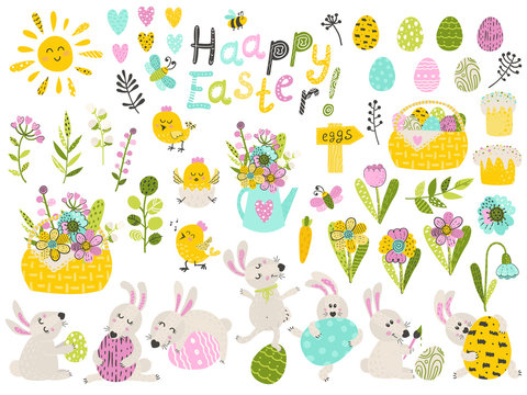 Big set of cute cartoon characters and design elements for the Easter holiday.