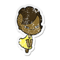 distressed sticker of a cute cartoon girl with hipster haircut