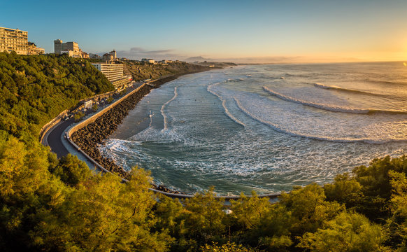 Panorama of Cote des basques in Biarritz at sunset