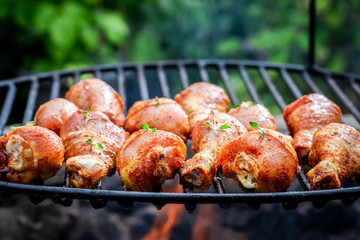 Chicken leg with herbs and spices on grill