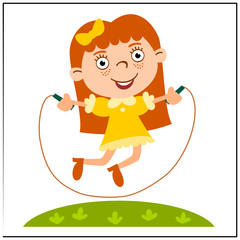Funny girl jumping rope on a glade isolated on white background.