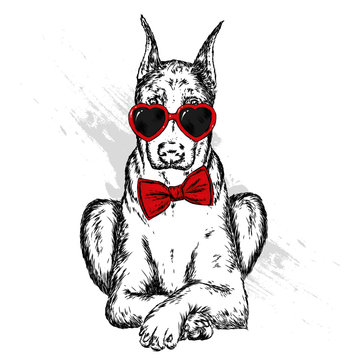 Portrait of a dog or puppy with glasses in shape of heart. Vector illustration for greeting card or poster, print on clothes. 