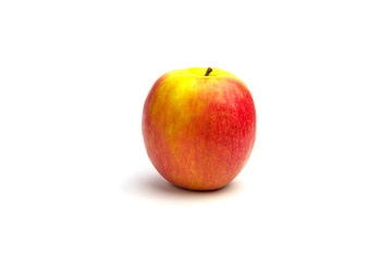 Apfel auf weißem Hintergrund. Rot gelber Apfel mit Stil freigestellt auf weißem Hintergrund. Pink Lady Apfel. Bio Apfel. Organisch Apfel.