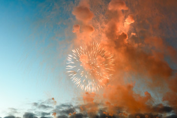 Celebratory fireworks in night time smoky closeup, concept celebration, festival, fun