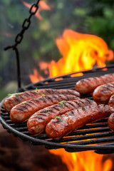 Hot sausage on grill with herbs and spices