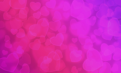 Background pink-purple gradient with hearts with bokeh effect.