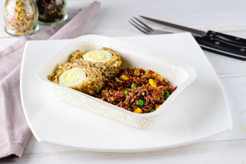 Scotch eggs with beef and brown rice