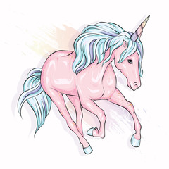 Beautiful unicorn in the highlights and stars. Fairy-tale and mythical character. Horse with a mane. Ready design postcards, poster or print on fabric or clothing. Vector. Magic and fairy tale. 