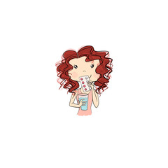 Red Hair Girl Takes Medicine Isolated On A White Background Hand Drawn Illustration