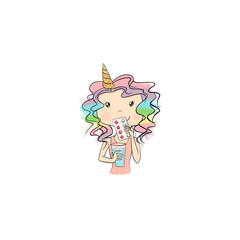 Unicorn Girl Takes Medicine Isolated On A White Background Hand Drawn Illustration