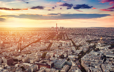 Paris, France at sunset, aerial view.
