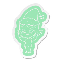 cartoon  sticker of a stressed woman wearing santa hat
