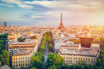 Cityscape of Paris at sunset.