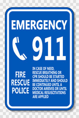 Emergency Call 911 Sign on transparent background