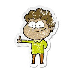 distressed sticker of a cartoon happy man