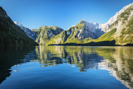 Lake Koenigssee, Watzmann Mountain, Berchtesgadener Land, Berchtesgaden National Park, Upper Bavaria, Bavaria, Germany