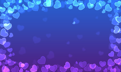 Blue gradient background with hearts with bokeh effect.