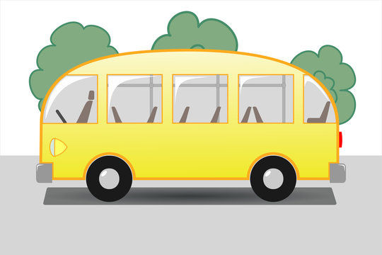 Yellow bus with seats and handrails on the background of trees, side view.