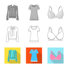 Vector illustration of woman and clothing symbol. Set of woman and wear stock symbol for web.