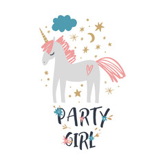 Vector cute animals art. Little pony, unicorn in simple cartoon scandinavian style. Good for nursery clothes