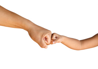 man's hand and child's hand to fist bump for succes teamwork on white background, isolate with clipping path