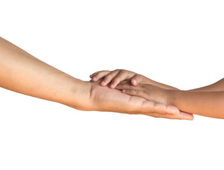 Hands of a child on man's hand on white background, isolate with clipping path