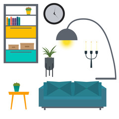 Set of living room elements. Flat kitchen interior. Vector illustration.