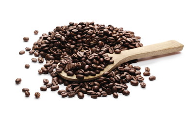 Coffee beans with wooden spoon isolated on white background