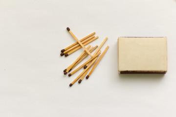 matches,matchbox and the matches scattered on a white background