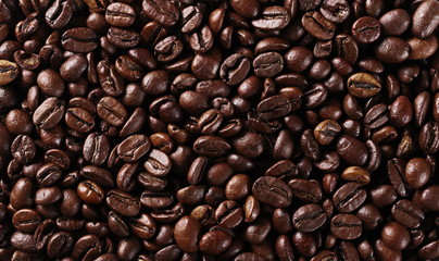 Coffee beans background and texture, top view