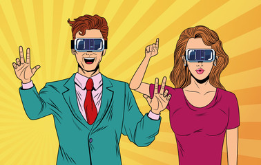 pop art couple using virtual reality glasses