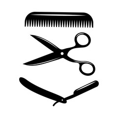 Flat, monochrome, isolated image of hairdressing tools - scissors, comb and dangerous razor. Tools for barkershops.