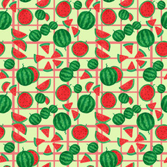 Colorful seamless pattern with red watermelon drawing on yellow background with lines