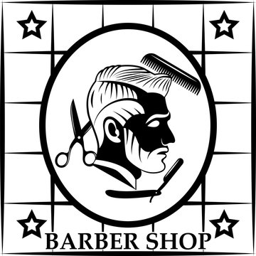 Vector design of the barbershop logo. Flat, monochrome, image of a profile of a bearded man with a delicious hairstyle. Hairdressing tools - scissors, comb and dangerous razor.