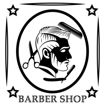 Vector design of the barbershop logo. Flat, monochrome, image of a profile of a bearded man with a delicious hairstyle. Hairdressing tools - scissors, comb and dangerous razor.