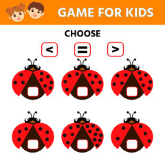 Education logic game for preschool kids. Choose the correct answer. More, less or equal. Ladybug. Vector illustration