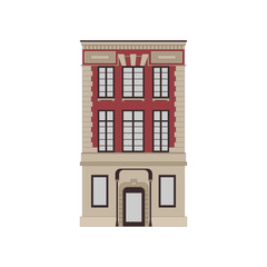 Cartoon historical red building icon highly detailed city front facade. Vector illustration