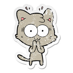 distressed sticker of a cartoon surprised cat