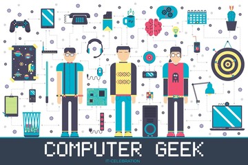 Vector it geeks people icons illustrations set. Flat office professional developer around workplace echnology concept.