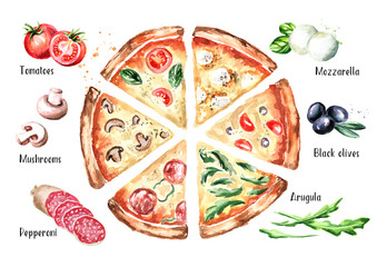 Slices of pizza with different toppings and ingradients, top view. Watercolor hand drawn illustration, isolated on white background